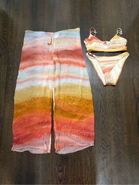 Vitamin A Striped Bikini Set with Matching Sheer Pants - Sunset Stripe